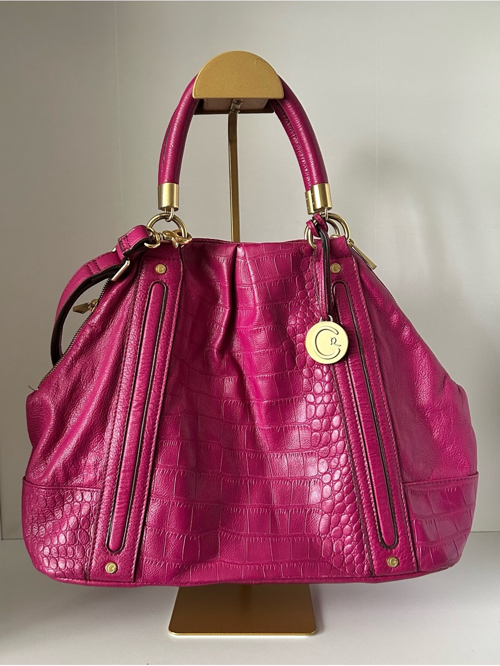Cynthia Rowley Fuchsia Croc-Embossed Shoulder Tote with Gold Hardware